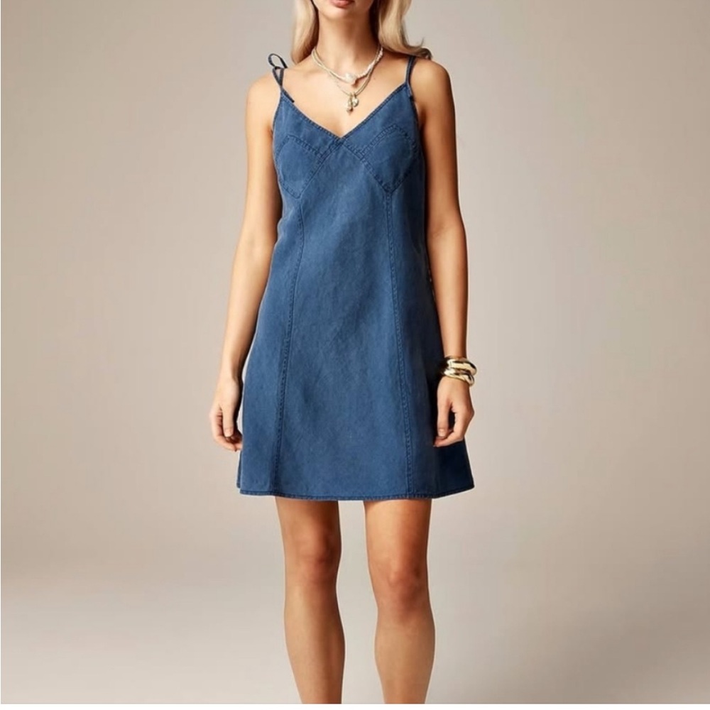 Tie-shoulder mini slip dress in indigo linen